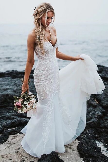 Mermaid Sweetheart Sweep Train Elegant Wedding Dress with Lace Appliques PFW0441