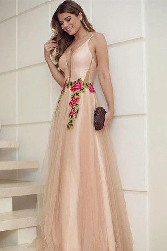 Promfast Elegant A Line V Neck Spaghetti Straps Tulle Sleeveless Appliques Long Prom Dresses PFM0013