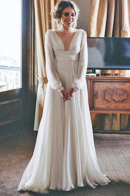 A-Line V-Neck Long Sleeves Floor Length Chiffon Beach Wedding Dress PFW0443