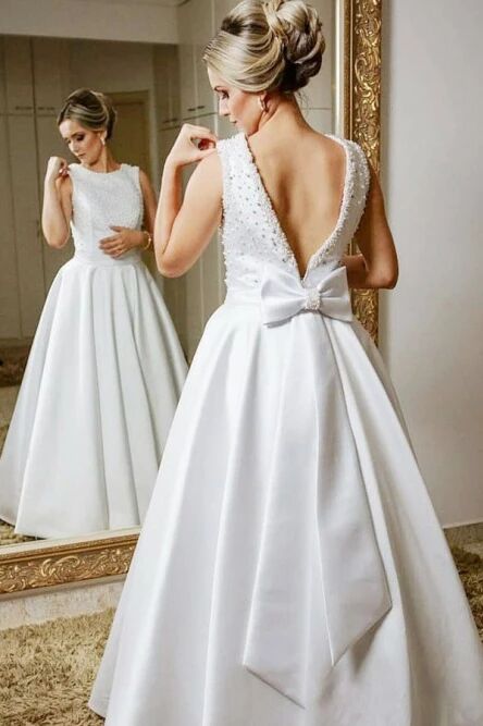 A-Line Jewel V Back Floor-Length Satin Wedding Dress with Beading Bowknot PFW0444