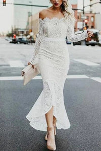 Mermaid Off-the-Shoulder Long Sleeves High Low Lace Beach Wedding Dress PFW0445
