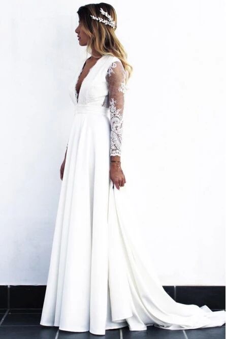 A-Line V-Neck Open Back Long Sleeves Wedding Dress with Lace Appliques PFW0446