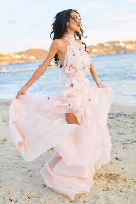 A-Line Halter Backless Light Pink Chiffon Beach Wedding Dress with Appliques Ruffles PFW0447