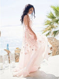 A-Line Halter Backless Light Pink Chiffon Beach Wedding Dress with Appliques Ruffles PFW0447