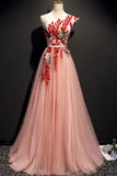 A Line Pink One Shoulder Tulle Red Applique Long Prom Dress Evening Dress PFP1680