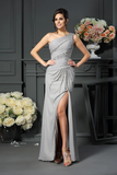 Promfast Elegant A-Line Grey One Shoulder Sleeveless Beads Slit Chiffon Mother of the Bride Dresses PFM0014