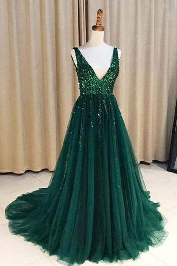 Promfast V Neck Green Open Back Tulle Long Prom Dresses With Sequins PFP1808
