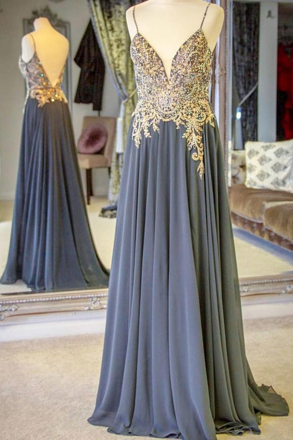Beaded Chiffon Spaghetti Straps Long Prom Dresses With Appliques