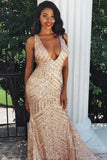 Sequin Backless Mermaid V-neck Rose Gold Prom Party Dress PFP1758