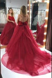 Spaghetti-straps Organza Long Burgundy Prom Gown Backless Party Dresses PFP1757