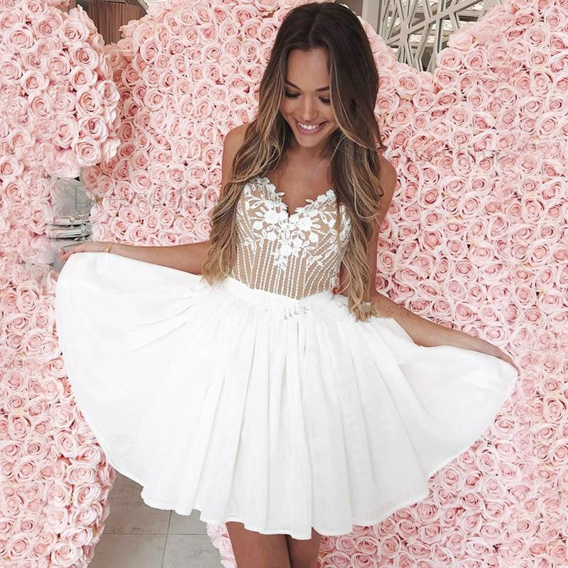 Cute A line Spaghetti Straps White Short Homecoming Dresses Cocktail Dress With Lace