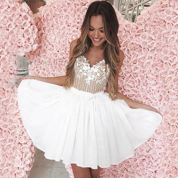 A-Line Spaghetti Straps White Homecoming Dress with Lace Appliques PFH0179