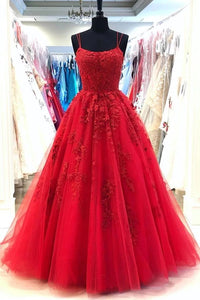 Red Spaghetti Straps Tulle Lace Appliques Modest Evening Dress Long Pr ...