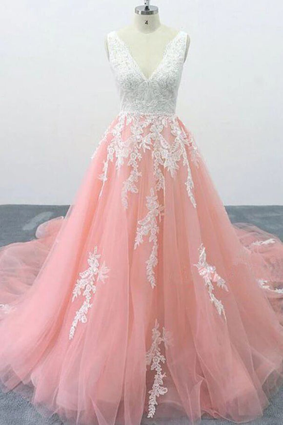 A-line V Neck Pink Tulle Lace Appliques Cathedral Train Formal Prom Dress PFP1684