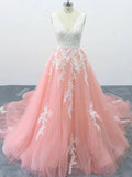 A-line V Neck Pink Tulle Lace Appliques Cathedral Train Formal Prom Dress PFP1684