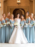 A-Line Cold Shoulder Long Light Blue Chiffon Bridesmaid Dress with Ruffles PFB0138