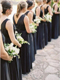 A-Line Round Neck Floor-Length Navy Blue Chiffon Bridesmaid Dress PFB0141