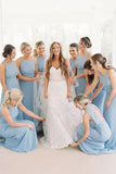 A-Line Round Neck Floor-Length Sky Blue Chiffon Bridesmaid Dress PFB0144