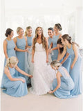 A-Line Round Neck Floor-Length Sky Blue Chiffon Bridesmaid Dress PFB0144