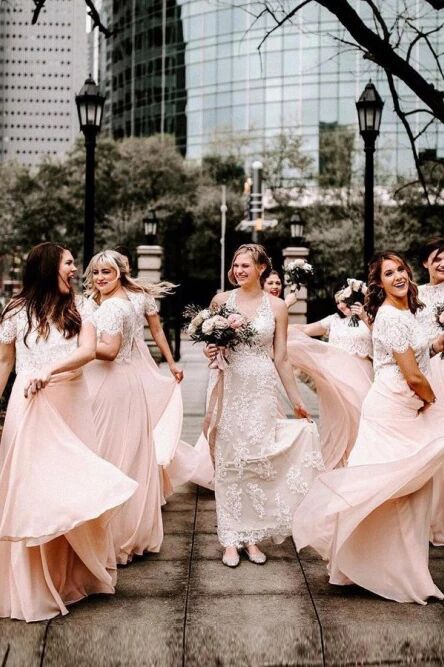 A Line Two Piece Short Sleeves Floor-Length Pink Bridesmaid Dress with Promfast A Line Two Piece Short Sleeves Floor-Length Pink Bridesmaid Dress with Promfast