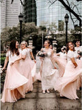 A Line Two Piece Short Sleeves Floor-Length Pink Bridesmaid Dress with Lace PFB0145