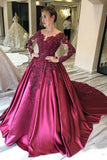 Long Sleeves Lace Appliques Burgundy Court Train Ball Gown Prom Dresses PFP1686