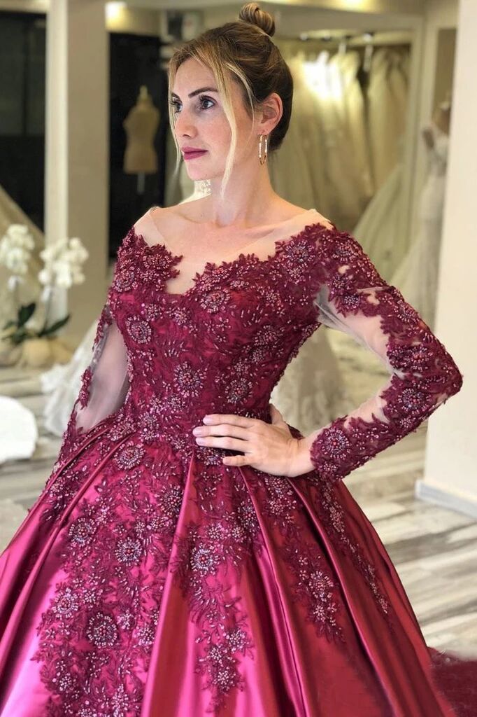 Long Sleeves Lace Appliques Burgundy Court Train Ball Gown Prom Dresse –  Promfast