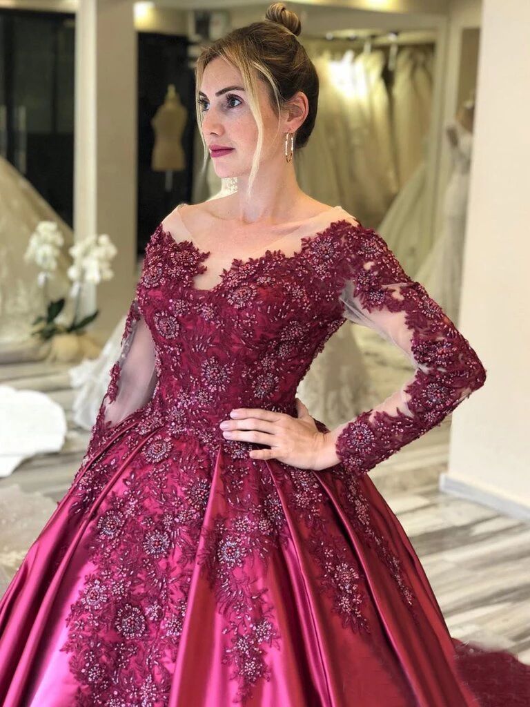 Long Sleeves Lace Appliques Burgundy Court Train Ball Gown Prom Dresse –  Promfast