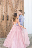 Long Beaded Bodice V-neck Neckline Chiffon Pink Prom Dress Formal Dresses PFP1687