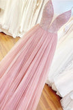 Long Beaded Bodice V-neck Neckline Chiffon Pink Prom Dress Formal Dresses PFP1687