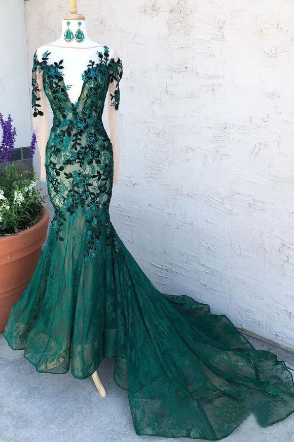 Mermaid Dark Green Prom Dresses With Long Sleeves Illusion Neck Party Promfast Mermaid Dark Green Prom Dresses With Long Sleeves Illusion Neck Party Promfast