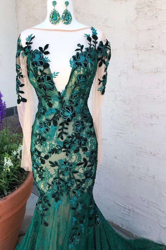 Mermaid Dark Green Prom Dresses With Long Sleeves Illusion Neck Party –  Promfast