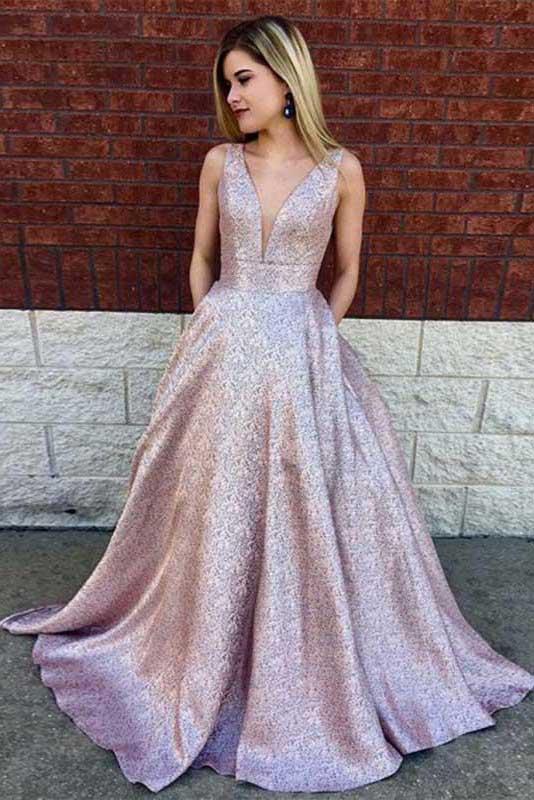 Simple A-Line Deep V-Neck Long Lilac Printed Satin Prom Dresses with Pockets PFP0086