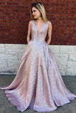 Simple A-Line Deep V-Neck Long Lilac Printed Satin Prom Dresses with Pockets PFP0086