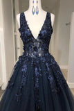 Deep V Neck Appliqued Prom Dresses See Through Floor Length Formal Dresses PFP1690