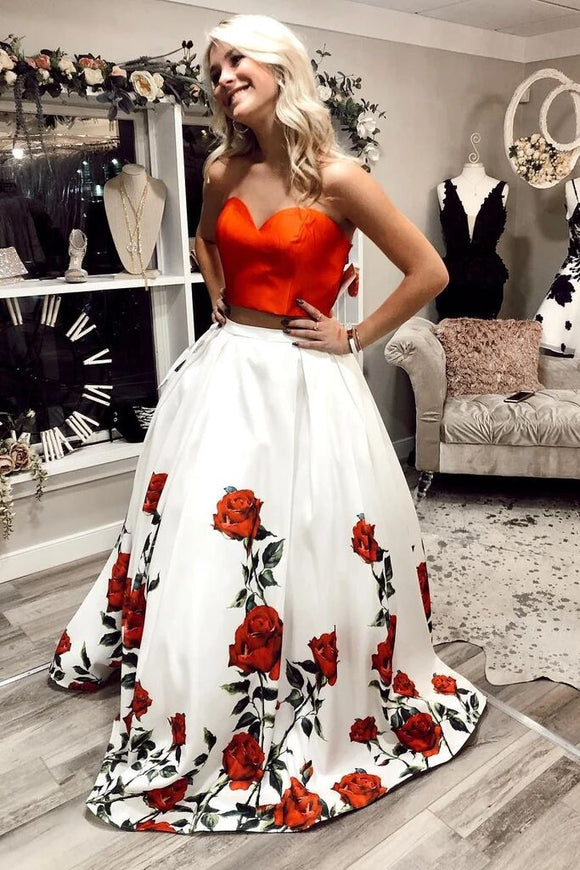 Charming Two Piece A Line Sweetheart Floral Long Prom Dress PFP1691