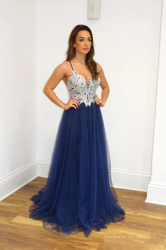A Line Navy Blue Tulle Prom Dresses Spaghetti Straps Long Prom Gown PFP1692