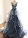 Deep V Neck Appliqued Spaghetti Straps Multi-Layered Organza Blue Bridal Dresses PFP1693
