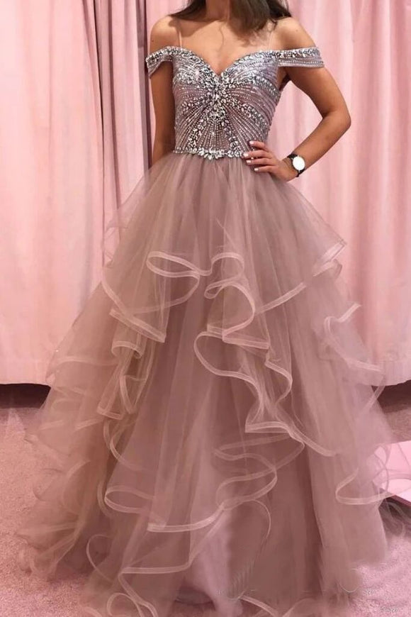 Rhinestones Layered Off the Shoulder Prom Dresses Rose Pink Tulle Party Dresses PFP1694