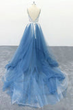 Spaghetti Straps A Line Party Dresses Appliques Blue Tulle Prom Dresses PFP1696