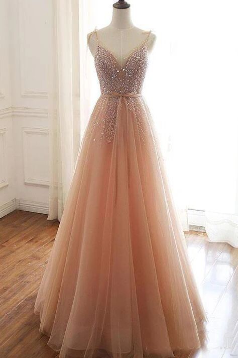 A Line Lace Up Back Spaghetti Straps Evening Dresses Coral Tulle Sequins Prom Dresses PFP1698