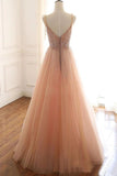 A Line Lace Up Back Spaghetti Straps Evening Dresses Coral Tulle Sequins Prom Dresses PFP1698