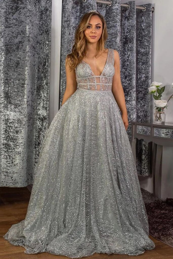 Stunning A-line V neck Sparkly Tulle Evening Dress Silver Prom Dress PFP1699