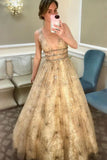 Charming A-line V neck Sparkly Tulle Evening Dress Long Sequins Prom Dress PFP1700