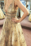 Charming A-line V neck Sparkly Tulle Evening Dress Long Sequins Prom Dress PFP1700