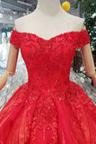 Red Quinceanera Dresses Off The Shoulder Lace Up Back Appliques Beads PFP0552