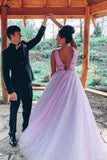 A-line V Neck Sexy Long Lilac Prom Dresses Tulle Formal Dress PFP1703
