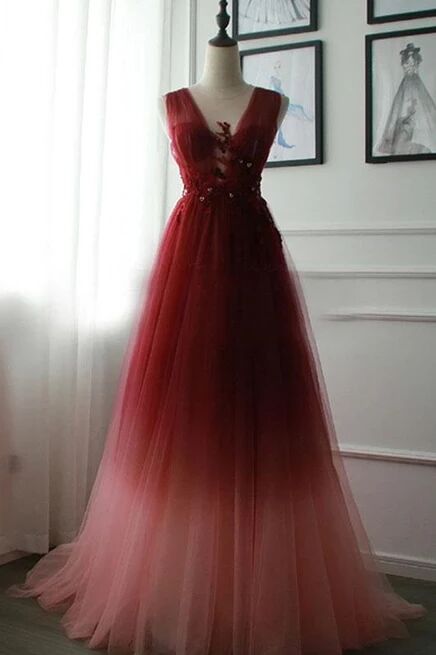 A-line Appliques Burgundy Tulle Long Prom Dresses Formal Evening Dress Promfast A-line Appliques Burgundy Tulle Long Prom Dresses Formal Evening Dress Promfast