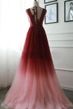 A-line Appliques Burgundy Tulle Long Prom Dresses Formal Evening Dress PFP1705