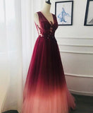 A-line Appliques Burgundy Tulle Long Prom Dresses Formal Evening Dress PFP1705